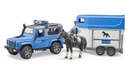 BRUDER auto Land Rover Defender Policijas transportlīdzeklis ar zirga piekabi, zirgs ar policistu, 02588